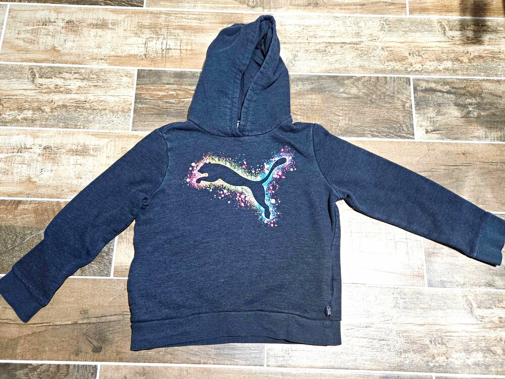 PUMA Girls's S Gray Fleece Pullover Hoodie Logo Graphic Raglan Sleeve